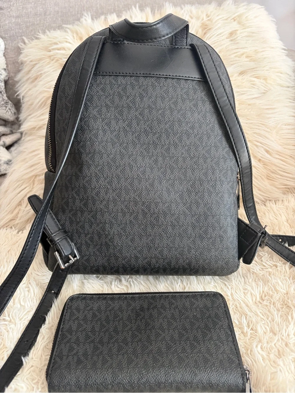 Michael Kors Dark Gray Studded Backpack & Zip Wallet Set